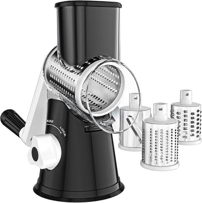 Cheese Grater Hand Crank, Rotary Vegetable Shredder with Handle and Strong Suction Base, 3 in 1 Kitchen Speed Spin Veggie Slicer Nut Grinder for Pizza Top, Hash Brown, Salad and More (Black)1