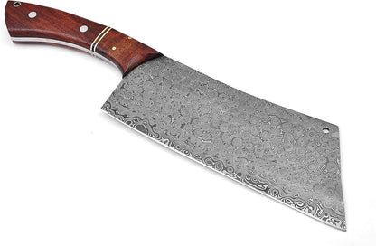 12 Inches Long Damascus Steel Blade Meat Cleaver with Leather Sheath, Hand Forged Rain Drop Pattern Damascus Steel Blade Kitchen Chopper, Natural Walnut Wood Scale with Red Fiber Spacing3