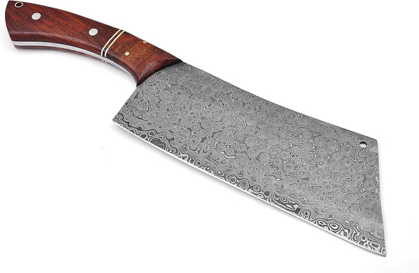 12 Inches Long Damascus Steel Blade Meat Cleaver with Leather Sheath, Hand Forged Rain Drop Pattern Damascus Steel Blade Kitchen Chopper, Natural Walnut Wood Scale with Red Fiber Spacing3