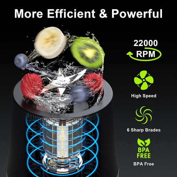 Portable Blender for Smoothies & Shakes, 17Oz Personal Blender with 6 Stainless Steel Blades, USB-C Rechargeable, LED Display, Compact Travel Juicer with Extra Lid for Gym, Office & On-The-Go, Black2