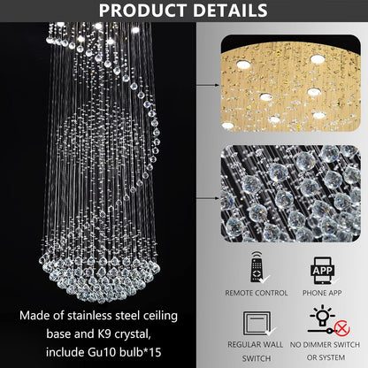 D40'' X H120'' Crystal Chandelier High Ceiling Chandeliers for Staircaes Large Raindrop Chandeliers LED Dimmable Flush Mount Light Fixtures for Foyer Hallway Entryway LED Bulbs Included Gold2