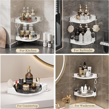 Corner Shower 2 Tier Caddy Lazy Susan Organizer 360 Rotating Corner Shelf Wall Mounted with No Drilling Shelves for Bathroom Dorm and Kitchen (White)7