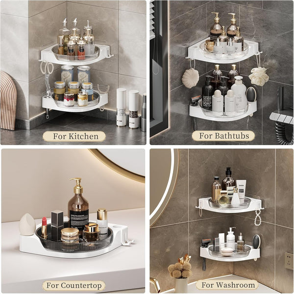 Corner Shower 2 Tier Caddy Lazy Susan Organizer 360 Rotating Corner Shelf Wall Mounted with No Drilling Shelves for Bathroom Dorm and Kitchen (White)7