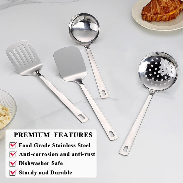 Stainless Steel Kitchen Utensils Set, 4-Piece – Slotted Turner, Solid Turner, Skimmer & Ladle – Rust-Resistant, Long Handle, Hanging Loop, Dishwasher Safe – Everyday Cooking & Serving4