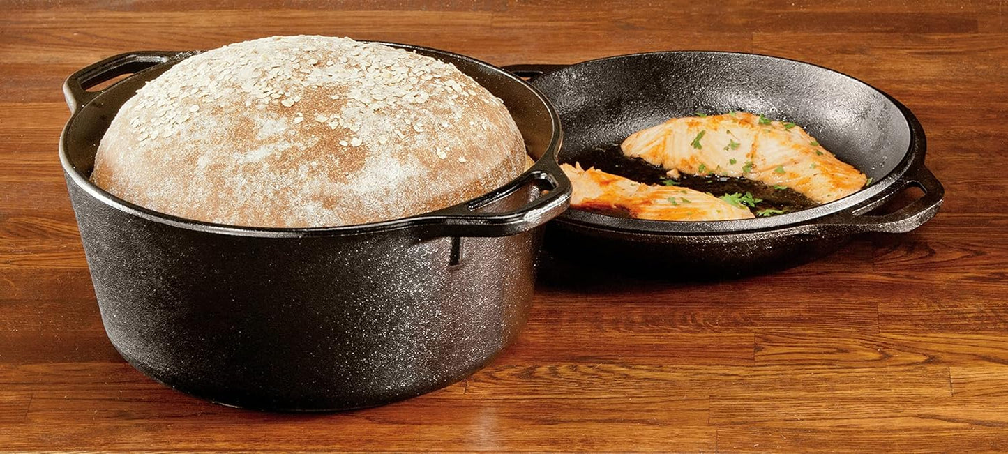 5 quart cast iron Dutch oven baking no-knead bread in the oven.