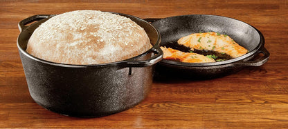 5 quart cast iron Dutch oven baking no-knead bread in the oven.