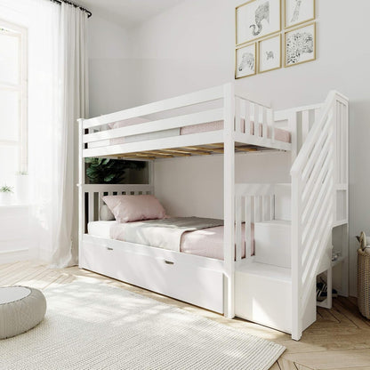 Max & Lily Bunk Bed, Twin-Over-Twin Bed Frame for Kids with Stairs and Trundle, White1
