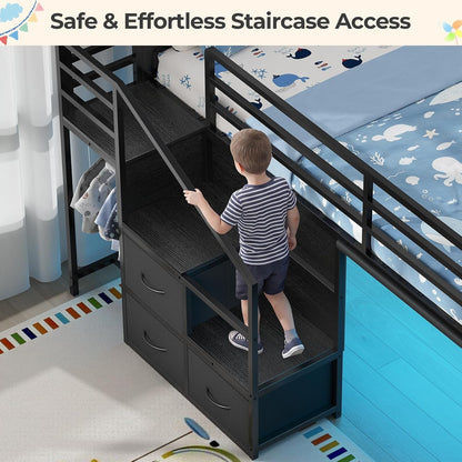 Low Loft Bed Twin with Stairs, Desk, 6 Storage Drawers, Black3