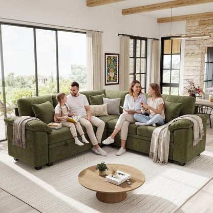 86" Modular Sectional Sofa with Pull Out Bed, 5-Seater L Shaped Sectional Sleeper Couch with Storage, Chenille Convertible Couches for Living Room, Apartment (Green)2