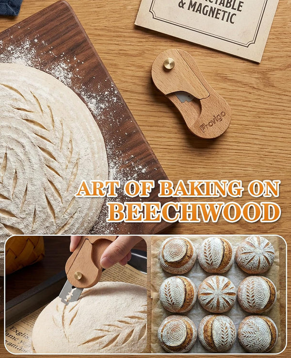 Bread Lame Dough Scoring Tool with Extractable & Magnetic, Wooden Sourdough Scoring Tool with 5 Retractable Razor Blades, Professional & Multi-Purpose Bread Knife Slashing Supplies for Baking5