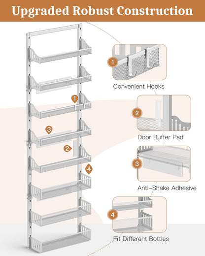 over the Door Pantry Organizer 8-Tier, Large Metal Door Spice Rack with Adjustable Basket, 2 in 1 Wall Mount or Hanging Heavy-Duty Pantry Door Storage Shelf for Kitchen and Bathroom, White8