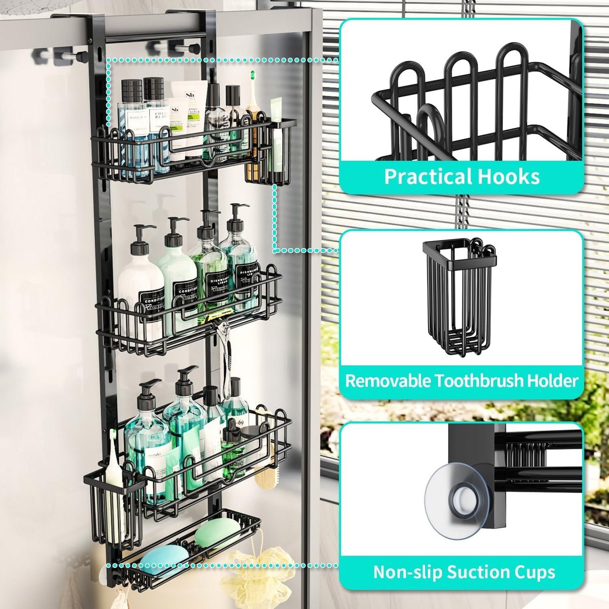 over-the-door-shower-caddy-4-tier-hanging-shower-organizer-with-22-hooks-and-2-toothbrush-holders-no-drilling-adjustable-hanging-shelves-for-bathroom-black