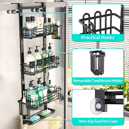over the Door Shower Caddy - 4-Tier Hanging Shower Organizer with 22 Hooks and 2 Toothbrush Holders, No Drilling Adjustable Hanging Shelves for Bathroom - Black3