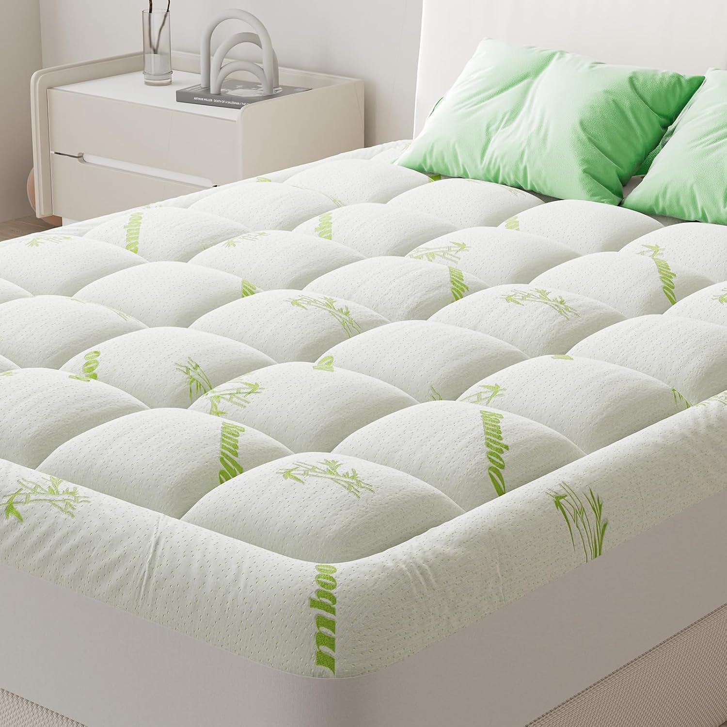 ultra-soft-full-size-mattress-topper-viscose-made-from-bamboo-pillow-top-mattress-pad-for-comfort-support-naturally-cooling-for-hot-sleepers-green-ultra-soft-mattress-pad-stretchable-pockets-fits-6-18-mattress-breathable-cooling-topper-for-back-pain-relief-green