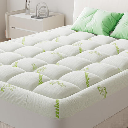 Ultra Soft Full Size Mattress Topper - Viscose Made from Bamboo Pillow Top Mattress Pad for Comfort & Support - Naturally Cooling for Hot Sleepers, Green | Ultra Soft Mattress Pad, Stretchable Pockets Fits 6"-18" Mattress, Breathable Cooling Topper for Back Pain Relief, Green1