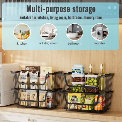 4 Pcs Stackable Wire Baskets Pantry Organizers and Storage Bins,Black6