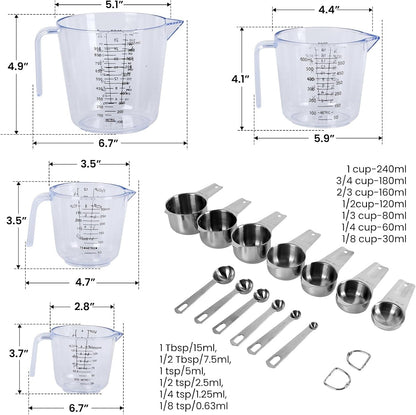 7X Stainless Steel Measuring Cups with 6X Measure Spoons Set,4X Py&Res Plastic Liquid Measurings Cups for Liquids,Kitchen Gadgets for Cooking & Baking Utensils Christmas Gift (17Pcs)6