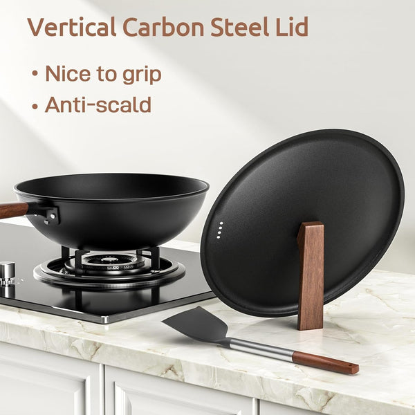 Carbon Steel Wok, 13-Inch, Pre-Seasoned, Non-Stick, with Lid and Spatula, Flat Bottom, Ideal for Stovetop Cooking5