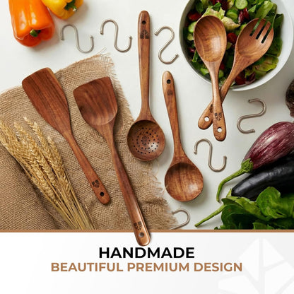 Wooden Spoons for Cooking 6 Pcs, Teak Wooden Utensil Set with Hanging Hooks7