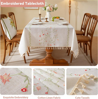 Pink Florals Embroidery Rectangle Tablecloth with Tassel 55"×120"4