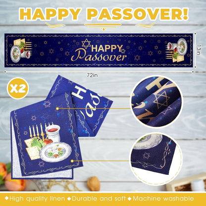 2 Pack Happy Passover Table Runner 72 X 13 Inch, Linen Pesach Seder Table Decoration, Star of David Menorah Design, Jewish Holiday Party Kitchen Dining Home Decor, Dark Blue3