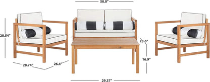 SAFAVIEH Outdoor Collection Montez Natural/ White Cushions/ Striped Bolster Pillows 4-Piece Conversation Patio Set4