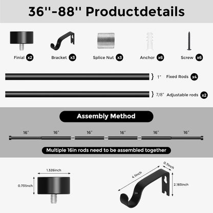 Curtain Rods for Windows 48 to 84 Inch(4-7 Feet),Black 1'' Diameter Drapery Rods with End Cap Style Design,Modern Adjustable Heavy Duty Curtain Rod,Size:36''-88''8