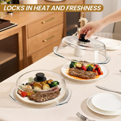 2 in 1, Tall Glass Microwave Splatter Cover for Food & Microwave Place Mat, Plate Splatter Guard Lid with Silicone Handle Knob, Cookware & Bakeware Serving Dish Cover, Food Grade, No Plastic, 10In6