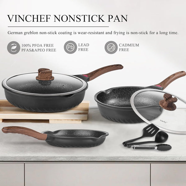 12PCS Nonstick Deep Frying Pan with Lid Cookware Set |  12-Piece Nonstick Cookware Set Utensils & Pot Protectors. Stay-Cool Handles, PFAS & Pfoa-Free.2