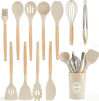Silicone Cooking Utensil Set,12 PCS Cooking Kitchen Utensils Set, Nonstick Kitchen Utensils 446°F Heat-Resistant Cookware Kitchen Tools of Spoon,Brush,Whisk,Spatula,Turner Tongs (Khaki)1