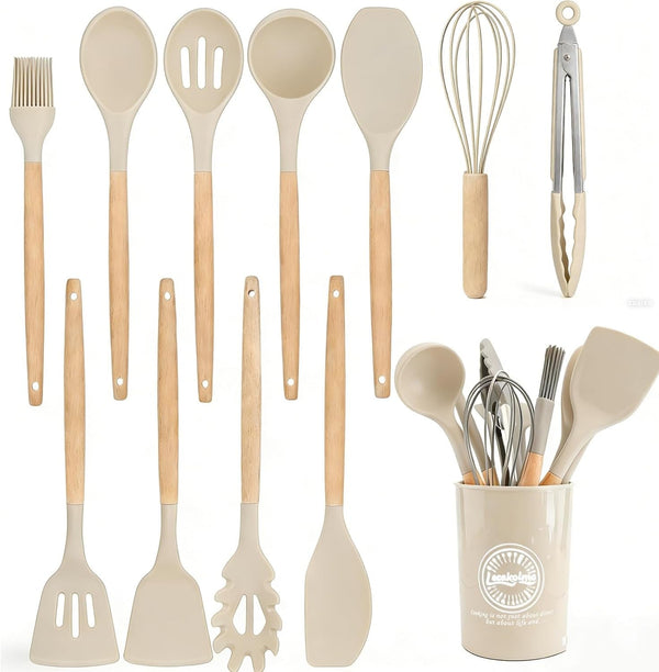 Silicone Cooking Utensil Set,12 PCS Cooking Kitchen Utensils Set, Nonstick Kitchen Utensils 446°F Heat-Resistant Cookware Kitchen Tools of Spoon,Brush,Whisk,Spatula,Turner Tongs (Khaki)1