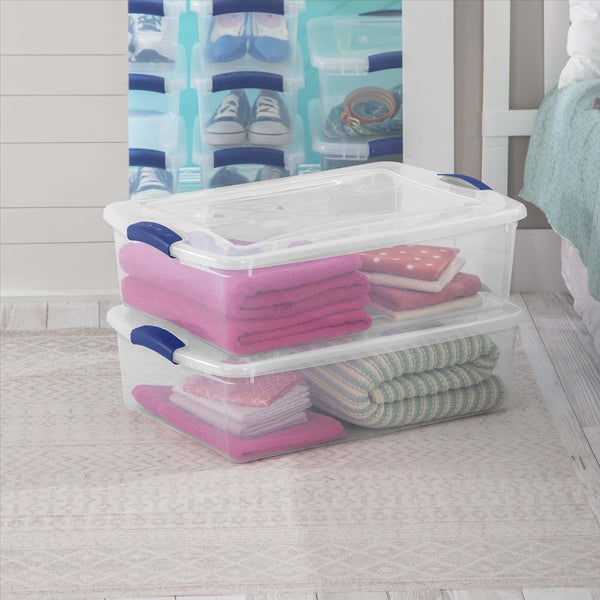 32 Qt Medium Latching Storage Bin, Clear Plastic Container with Secure Blue Latch Lid, 24" X 16" X 7", Stackable Underbed Storage Organizer for Bedroom, Closet and Dorm4