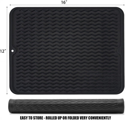 Silicone Dish Drying Mat, Non-Slip Easy Clean Sink Mat, Black, 16" X 12" | Quick-Dry Ridges, Large Heat-Resistant Dish Drainer Mat for Kitchen Counter, Hangable & Roll-Up for Storage, Dishwasher Safe2