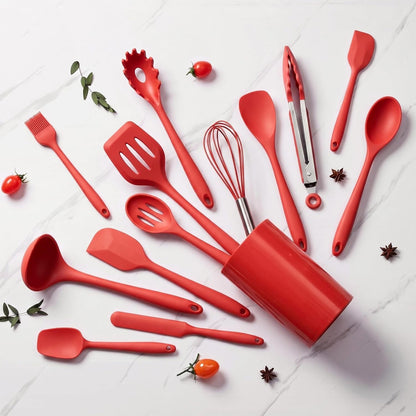 14 Pcs Silicone Cooking Utensils Set with Holder, Red5