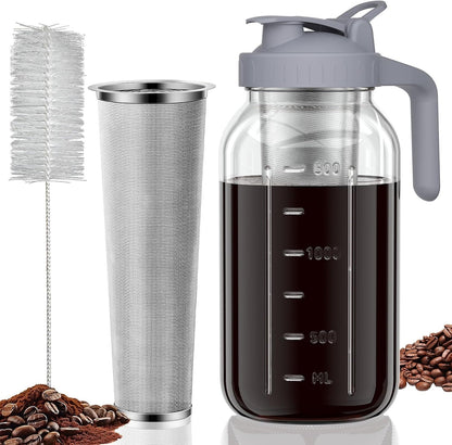Cold Brew Coffee Maker, 64 Oz Glass Mason Pitcher | 100Μm Stainless Steel Filter, Wide Mouth Design, Leak-Proof Lid with Handle, Pour Spout for Iced Coffee, Tea and Cold Drinks1