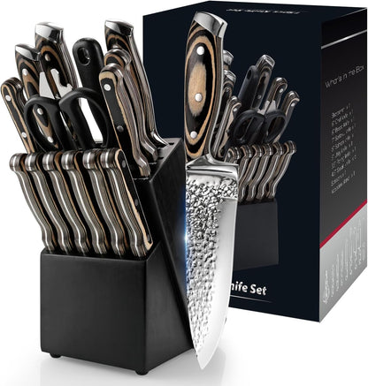 Knife Sets for Kitchen,15-Piece Hammered Desgin Knife Set with Block and Sharpener, High Carbon Stainless Steel Chef Knives with Grey Triple Rivet Handle, Ultra Sharp and Dishwash Safe7