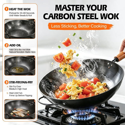 13In Carbon Steel Wok Pan with Glass Lid, Pre-Seasoned Flat Bottom Wok | Wok for Gas Electric Induction Cooktops,Naturally Seasoned Stir Fry Pan with Wooden Handle for BBQ Camping Everyday Cooking2