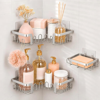 Corner Shower Caddy 3 Pack, Wall Mounted Adhesive Shower Caddy with Soap Holder and 24 Hooks, No Drill Rustproof Stainless Steel Shower Shelf for inside Shower, Silver1