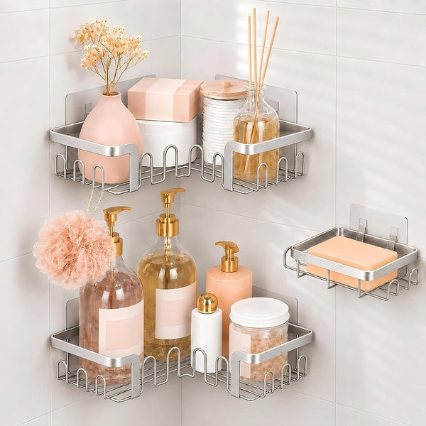 Corner Shower Caddy 3 Pack, Wall Mounted Adhesive Shower Caddy with Soap Holder and 24 Hooks, No Drill Rustproof Stainless Steel Shower Shelf for inside Shower, Silver1