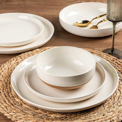 24-Piece Ceramic Dinnerware Set for 6, Handpainted Plates, Pasta Bowls & Bowls Set with Rustic Terracotta Underside, Scratch-Resistant, Dishwasher & Microwave Safe,Speckled Glaze Beige6