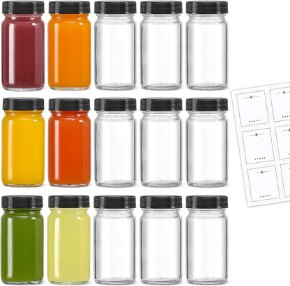 15 Pack 2 Oz Glass Shot Mini Bottles W/Black Lids & 15 Labels - Small Clear Jar for Ginger, Wellness Shot, Juice, Sample, Whiskey - Travel Essentials - Wide Mouth, Leakproof, Dishwasher Safe1