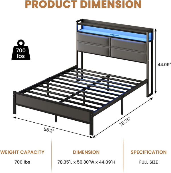 Full Bed Frame with LED Lights and Charging Station, Dark Grey2