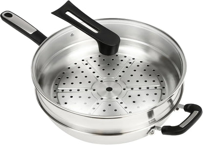 Stainless Steel Wok Pan Stir-Fry Wok Non Stick Frying Pan Honeycomb Skillet with Handle Lid for Gas Stove, Induction Cooker Ceramic Stove, Silver Black (13In-With Steamer Basket)1