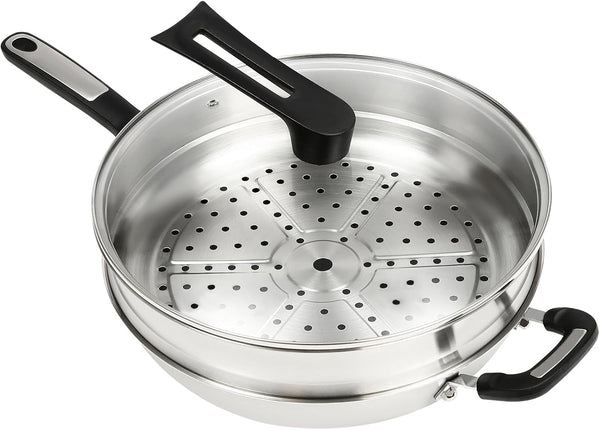 Stainless Steel Wok Pan Stir-Fry Wok Non Stick Frying Pan Honeycomb Skillet with Handle Lid for Gas Stove, Induction Cooker Ceramic Stove, Silver Black (13In-With Steamer Basket)1