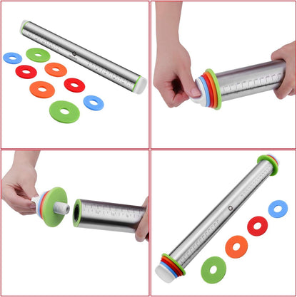 Rolling Pin and Pastry Baking Mat Set, Rolling Pins with Adjustable Thickness Rings, Stainless Steel Dough Roller for Baking Fondant, Pizza, Pie, Pastry, Pasta, Cookies (Black Mat)3