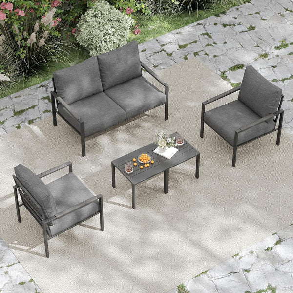 5 Pieces Rattan Outdoor Furniture Set, All-Weather Patio Conversation Set with Dark Grey Cushions and Coffee Tables for Garden, Backyard, Balcony, Poolside7