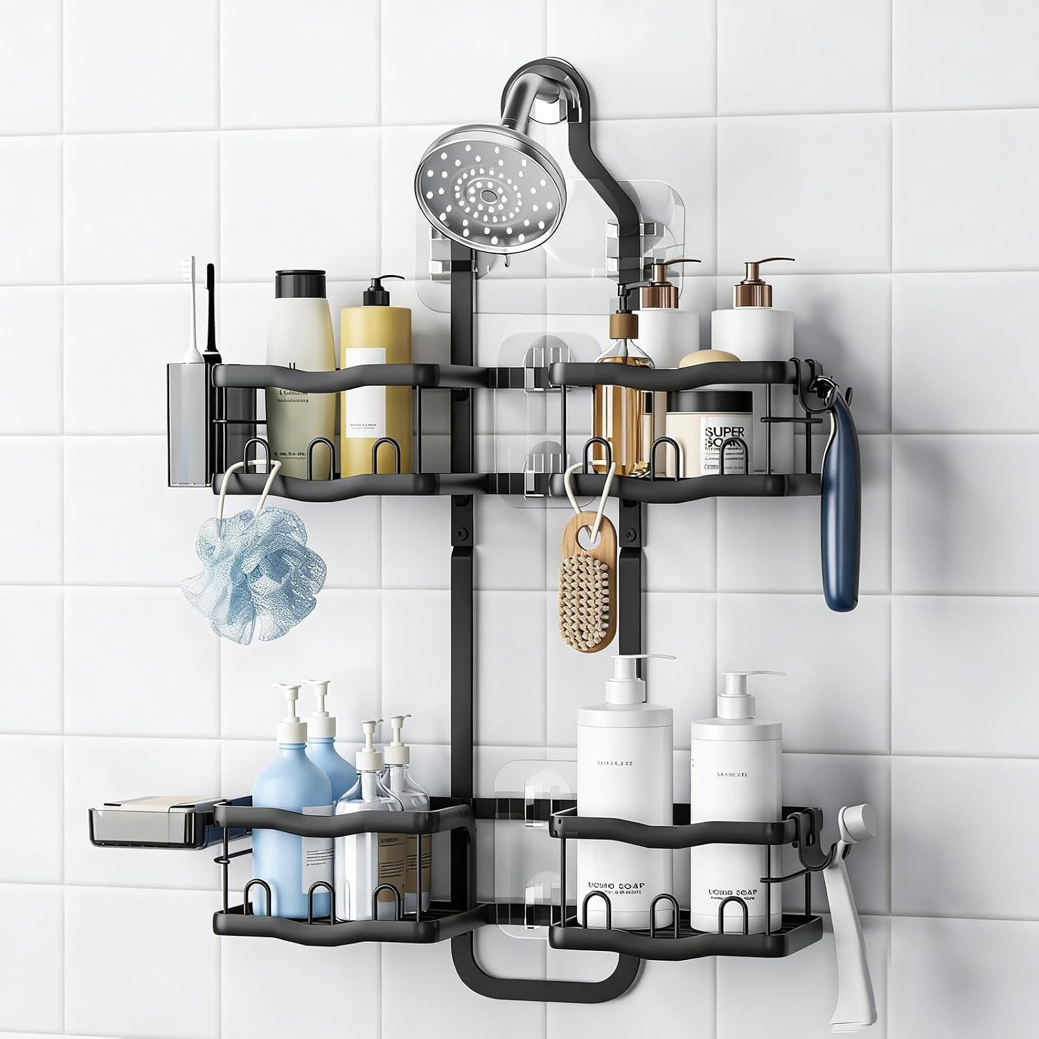 aluminum-alloy-shower-caddy-hanging-no-drilling-over-the-shower-head-caddy-2-levels-showers-rack-organizer-with-hooks-razor-holder-soap-holder