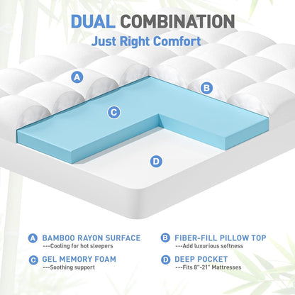 Dual Layer 3 Inch Memory Foam Mattress Topper Twin XL Size, 2 Inch Cooling Gel Memory Foam plus 1 Inch Pillow Top Mattress Pad Cover, with 8-21 Inch Deep Pocket3