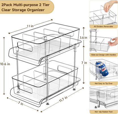 2-Tier Bathroom Organizer with Dividers, Clear under Sink and Pull-Out Cabinet Organizer for Kitchen and Pantry Storage3