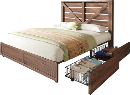 Queen Size Farmhouse Bed Frame with 4 Storage Drawers8